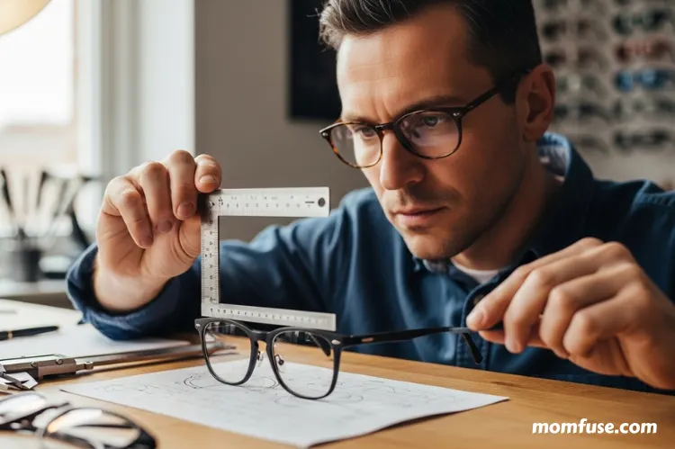 A person measuring eyeglasses with a ruler, focusing on lens width, bridge width, and temple length.