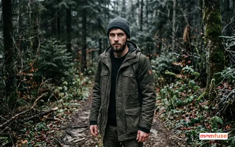 serious eastern european young man with rugged look, forest background, cold natural lighting.
