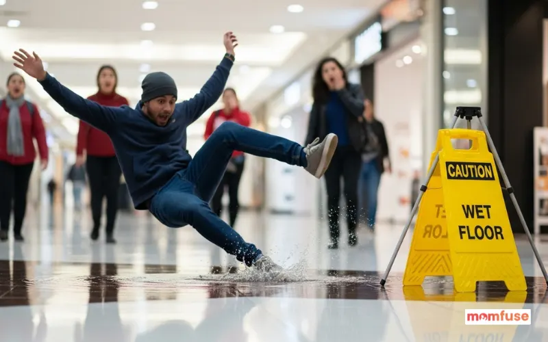 Person slipping on wet floor in a shopping mall, caution sign nearby, realistic scene, focus on hazard.