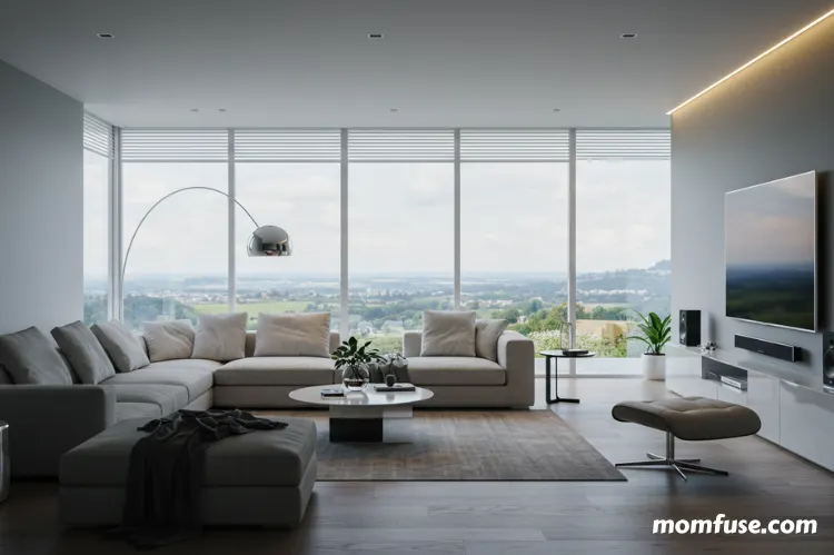 A futuristic smart home living room with modern design for ultimate comfort.