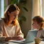 A mother working on a laptop at home with her young child beside her.