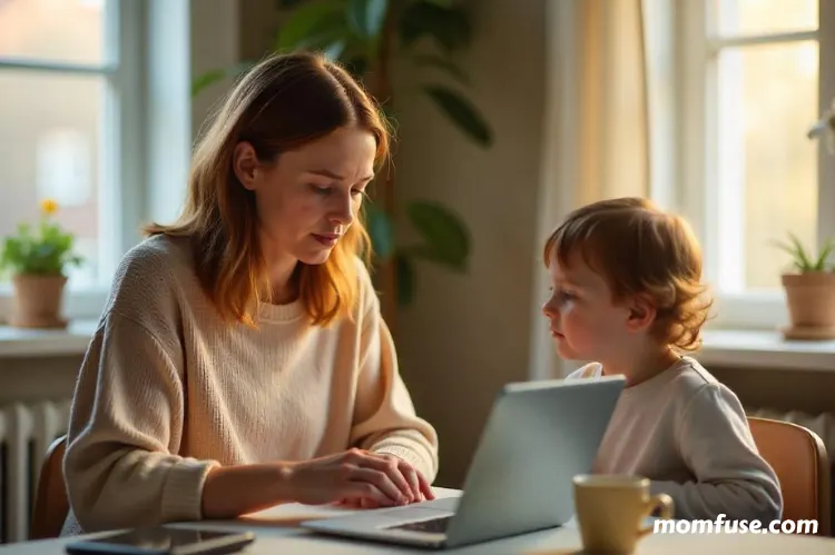 A mother working on a laptop at home with her young child beside her.