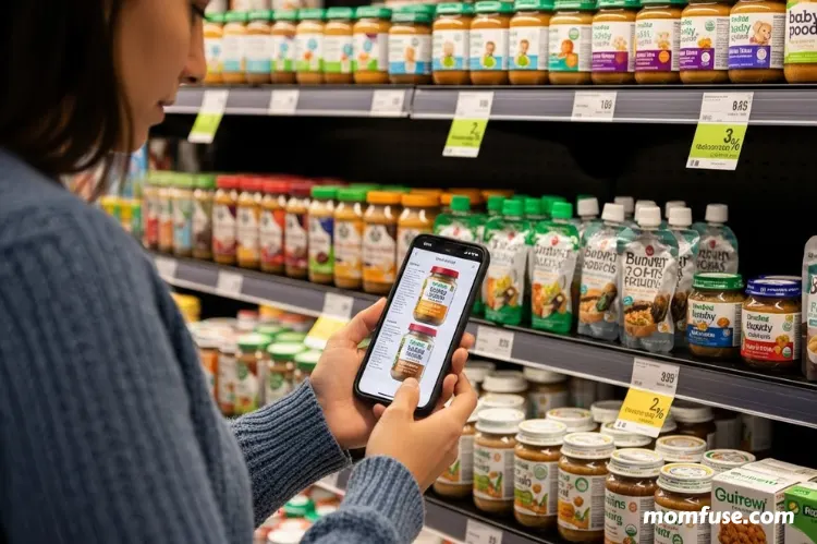 A parent shopping online or in-store for baby food, smartphone.