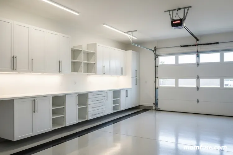 A modern garage with sleek wall-mounted cabinets, adjustable.