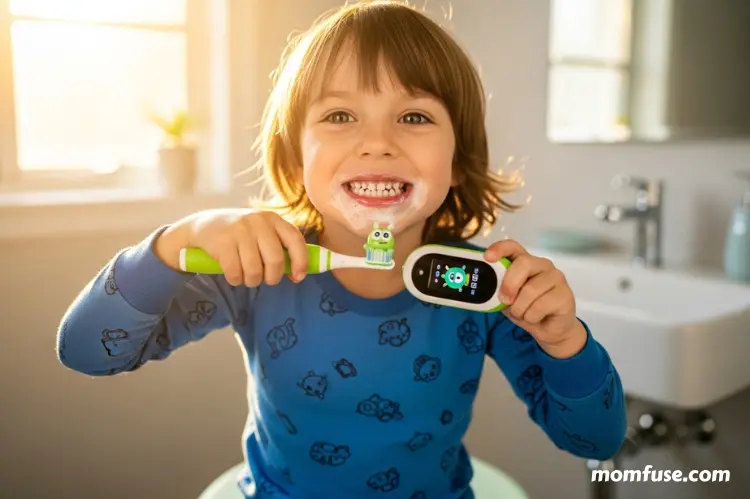 Happy child brushing teeth with a smart toothbrush, bright morning light.
