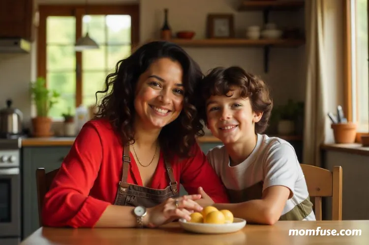 A smiling mother and her young son sitting at a wooden kitchen table.