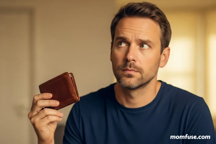 A man holding a leather wallet with a curious expression. -genuine leather guide