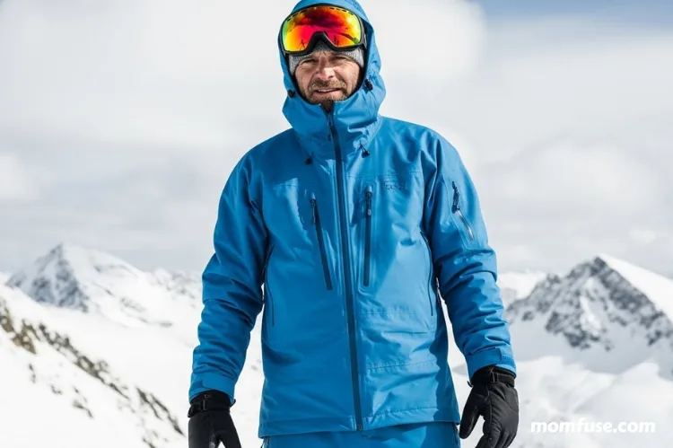 A man wearing full snow gear: matching jacket and pants, gloves, goggles, beanie.