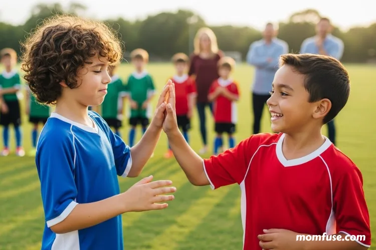 An emotional, story-driven image showing kids interacting during team sports.