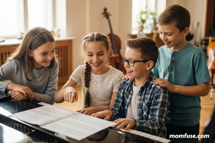 Kids smiling and encouraging each other while practicing piano together, collaborative environment.