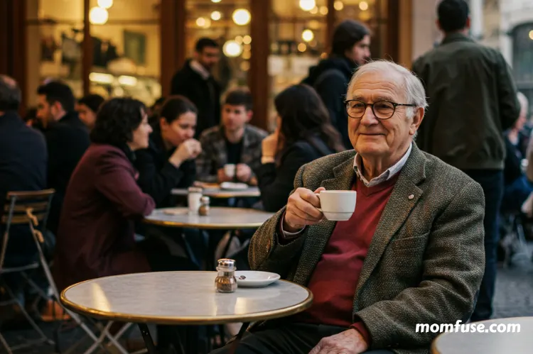 An older man sitting alone at a café table, people laughing and talking in the background.