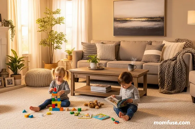 A cozy family living room with soft, plush carpet where young children play safely.