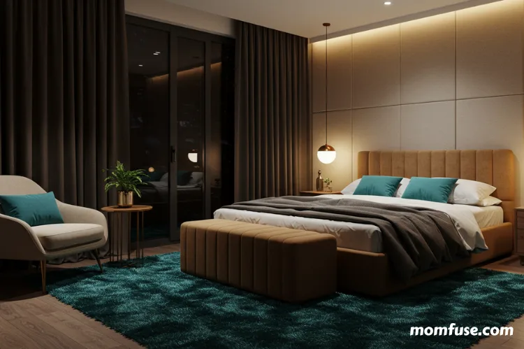 A cozy bedroom with thick rugs, upholstered furniture, and sound-absorbing panels.