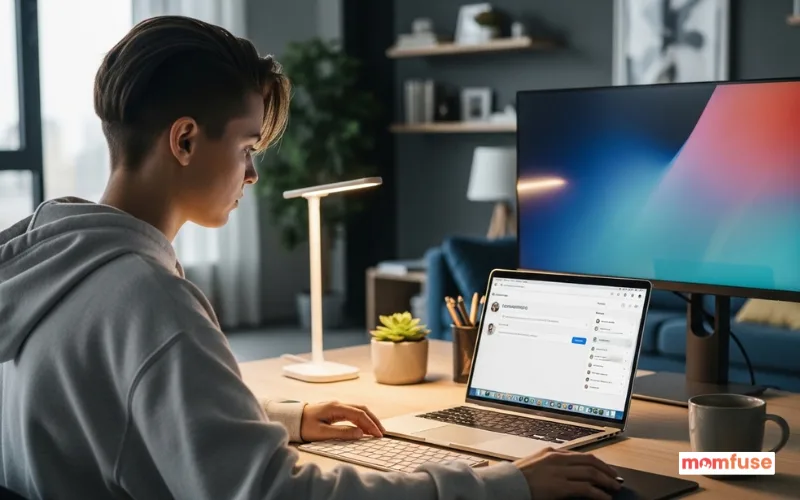 androgynous young person using laptop creating social media username, modern workspace desk setup.