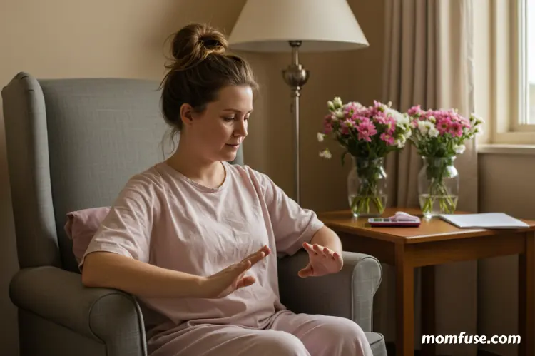 A mother recovering from cesarean delivery, sitting comfortably and practicing.