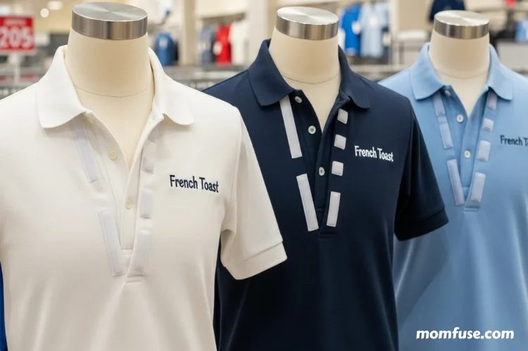 Adaptive French Toast school shirts displayed on mannequins, showing easy hook-and-loop fasteners.
