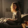 A calm, softly lit image of a mother sitting on the edge of her bed at dawn.