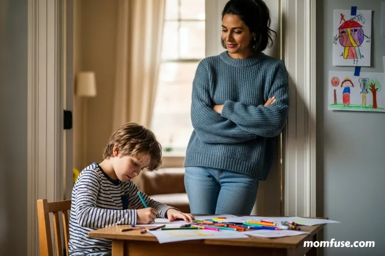 Mother observing child alone, thoughtful expression, child drawing at table.