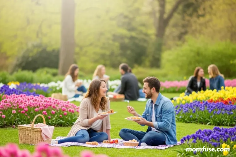 A spring picnic in a botanical garden with blooming flowers, green grass. -picnic planning tips