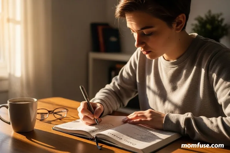 A student sitting at a desk during sunrise, writing daily goals in a journal, peaceful morning light.