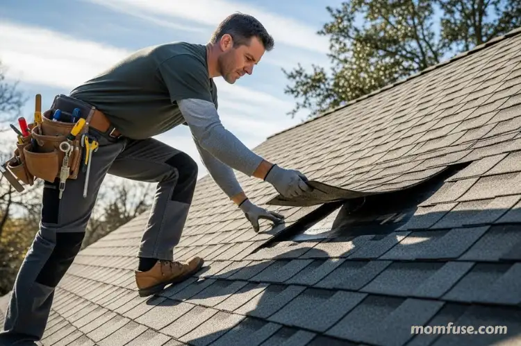 A roofing professional performing a detailed roof inspection. The roofer examines lifted shingles.