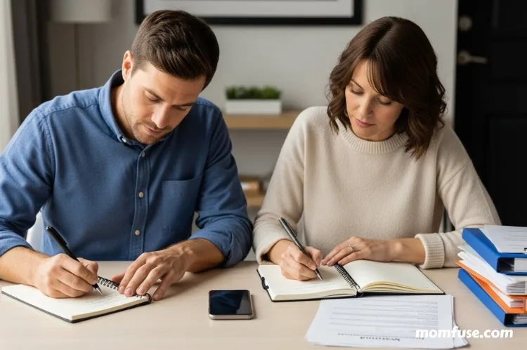A parents writing notes in a notebook beside a phone and medical documents.
