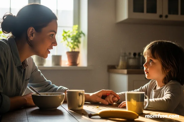 A caring parent talking calmly with a young child at a kitchen table.