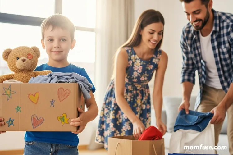 A child holding out gently used toys and clothes to donate, smiling parents in the background helping.