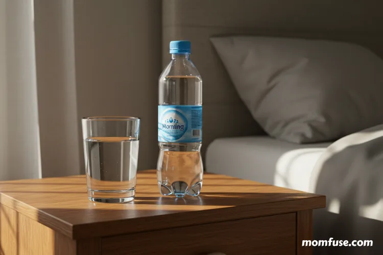 A bedside table with a clear glass of water and a spring water bottle.