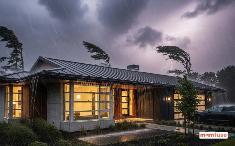 Modern house with impact-resilient roof during heavy storm.