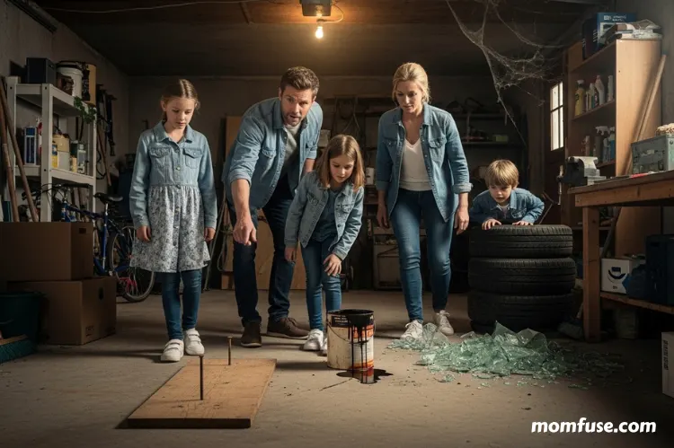 A family inspecting a cluttered garage, highlighting hazards like rusty nails, broken glass, old paint can.