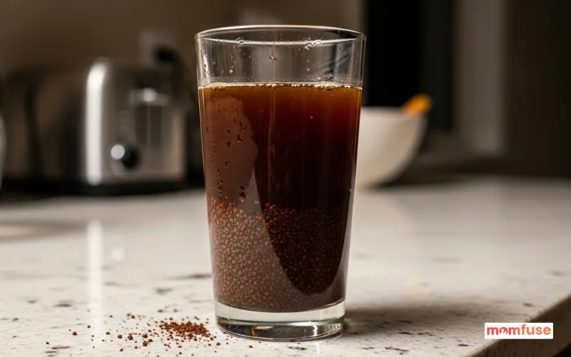 Glass filled with cold brew coffee steeping overnight, coffee grounds visible, kitchen counter.