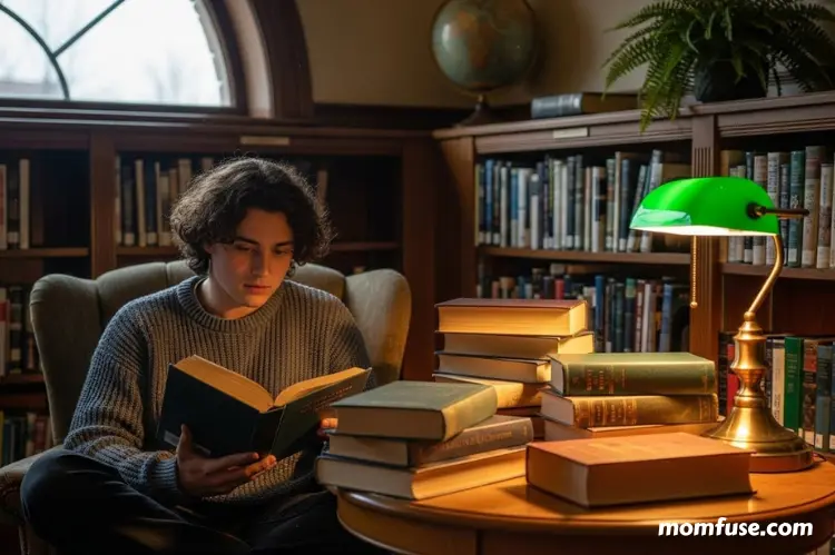 A curious student reading books in a cozy library corner.