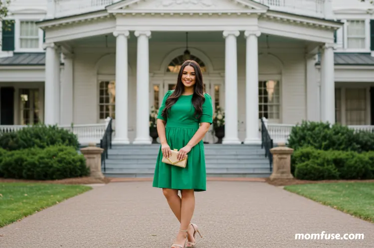 A confident, smiling young-aged woman in stylish attire standing in front of a wedding venue.