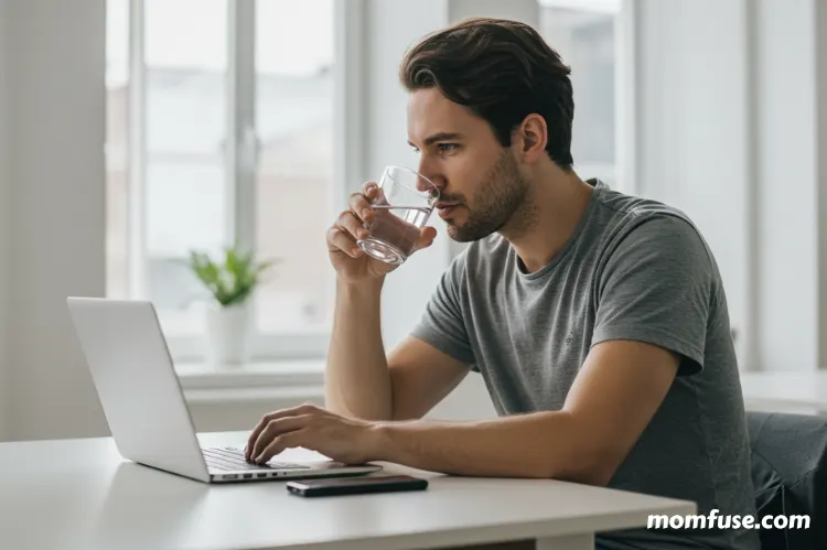 A man sipping water while working on a laptop.