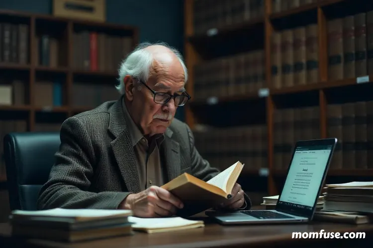 "A person reading a legal book at a desk, with law-related documents The setting.
