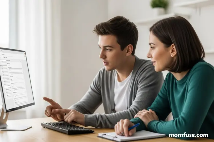 Parent and teen reviewing grades on a school portal together.