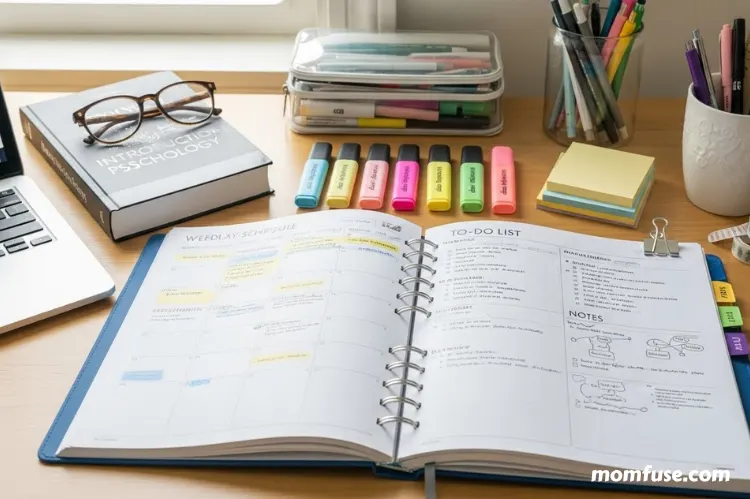 A well-organized student planner open on a desk.