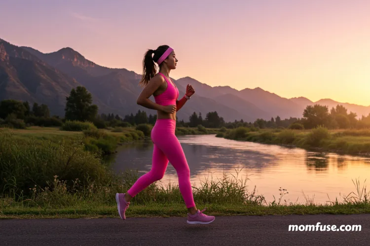 Fit woman in activewear jogging along a scenic riverside at sunrise.
