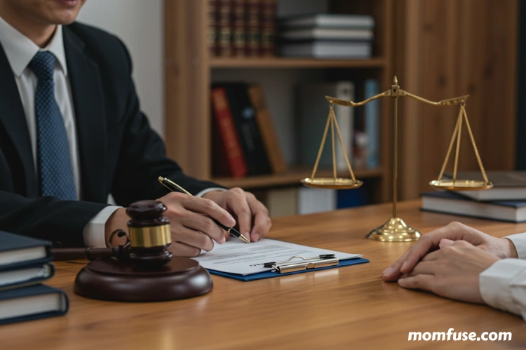 A lawyer in a professional office discussing paperwork with a concerned family member