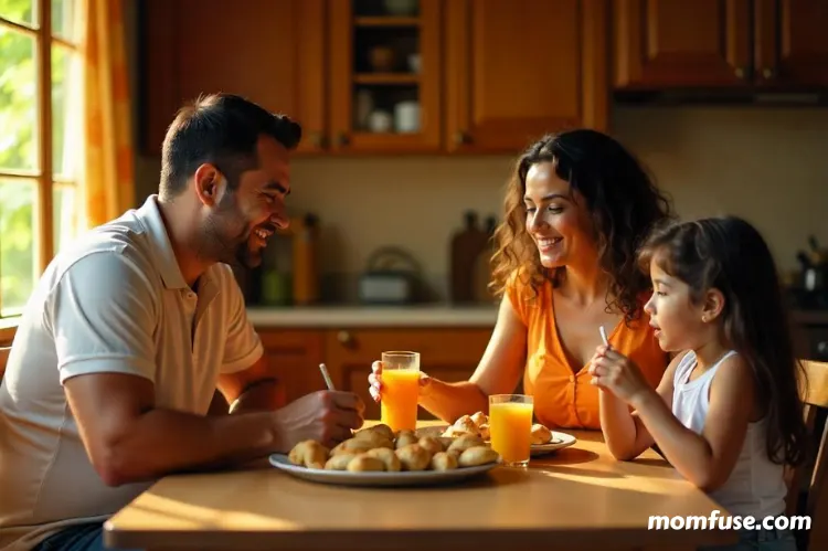 A family gathered sit in a kitchen table.