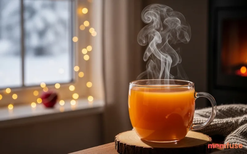 “warm steamed apple juice in cup, cozy winter feel, soft lighting”