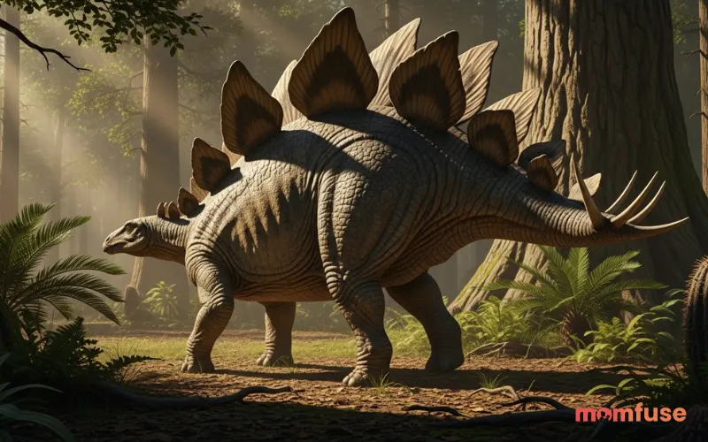 Stegosaurus with detailed back plates, side view, walking slowly in forest clearing, soft sunlight