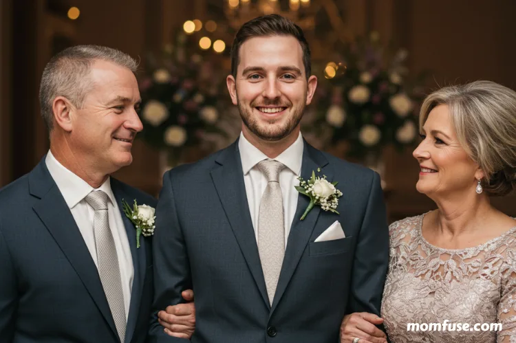 A smiling groom in a stands between his proud parents both dressed in formal attire.