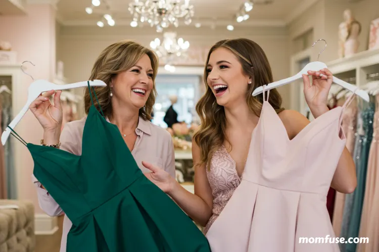 A mother and daughter laughing in a boutique while holding up two formal dresses.-stay in shape for your kid’s wedding