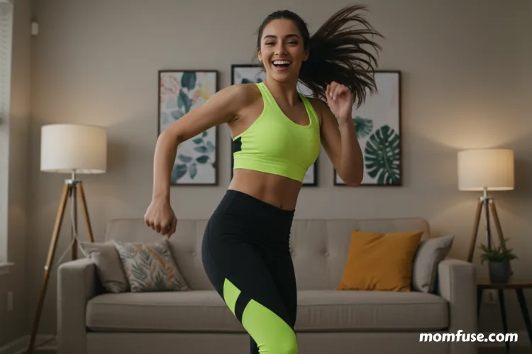 A cheerful young-aged woman doing a dance workout in her living room.