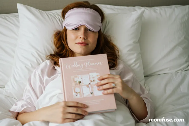 A woman in bed with a silk sleep mask and cozy bedding and wedding planner book.-stay in shape for your kid’s wedding