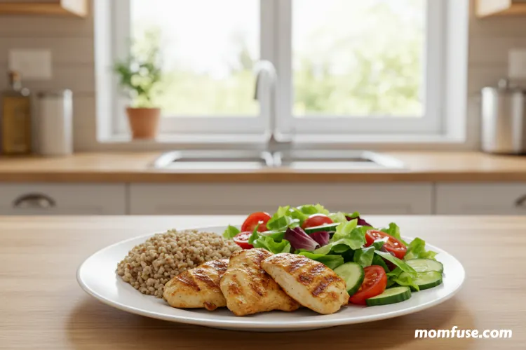 A kitchen scene with a balanced plate of grilled chicken, salad, and whole grains.