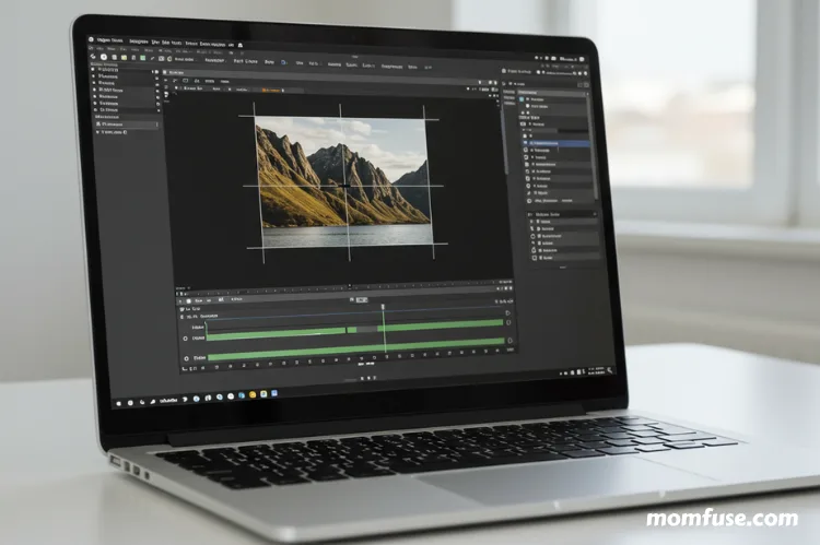 laptop screen showing a video being cropped, black bars removed, aspect ratio adjusted, live preview visible.