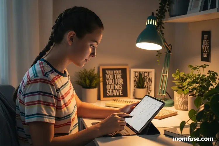 A student checking a digital planner on a tablet while sitting at a desk.